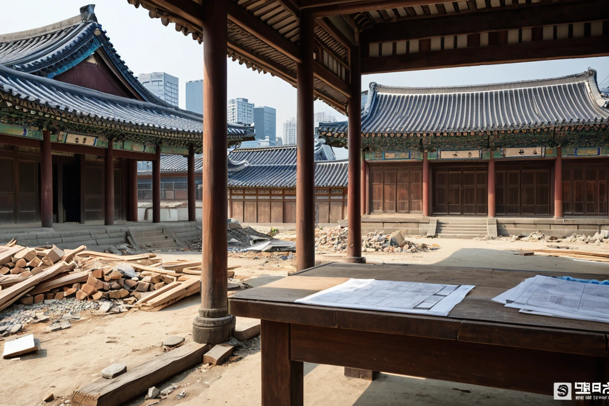 서울 종로동 역사적 건물 근처에서 철거 공사 전 준비 중인 현장. 철거 허가 서류와 문화재 확인 표지가 놓인 테이블 위의 실제 문서와 도면이 보이는 장면.