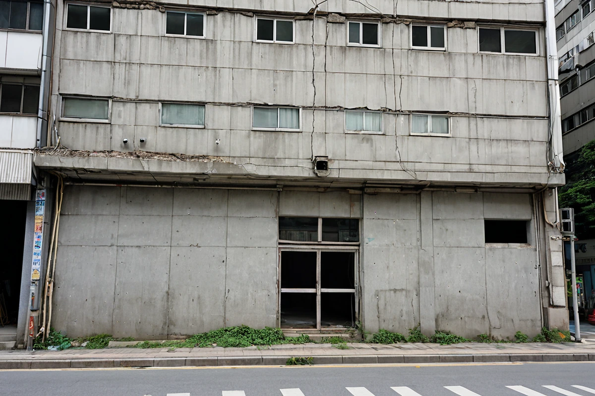 서울 종암동의 20년 이상 된 상가 건물 외부, 구조적 손상이 보이는 벽면과 철거 전 구조 분석을 위한 레이저 스캐너 장비가 배치된 장면, 건물의 노후된 콘크리트 표면과 미세한 균