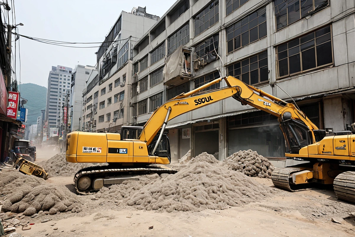 서울 종암동 피시방 건물 외부에서 철거 작업 중인 장비가 소음과 먼지 방지를 위한 방진망으로 덮여 있는 장면. 주변 상가와의 거리가 가까운 곳에서 철거 작업이 진행되고 있는 실내외