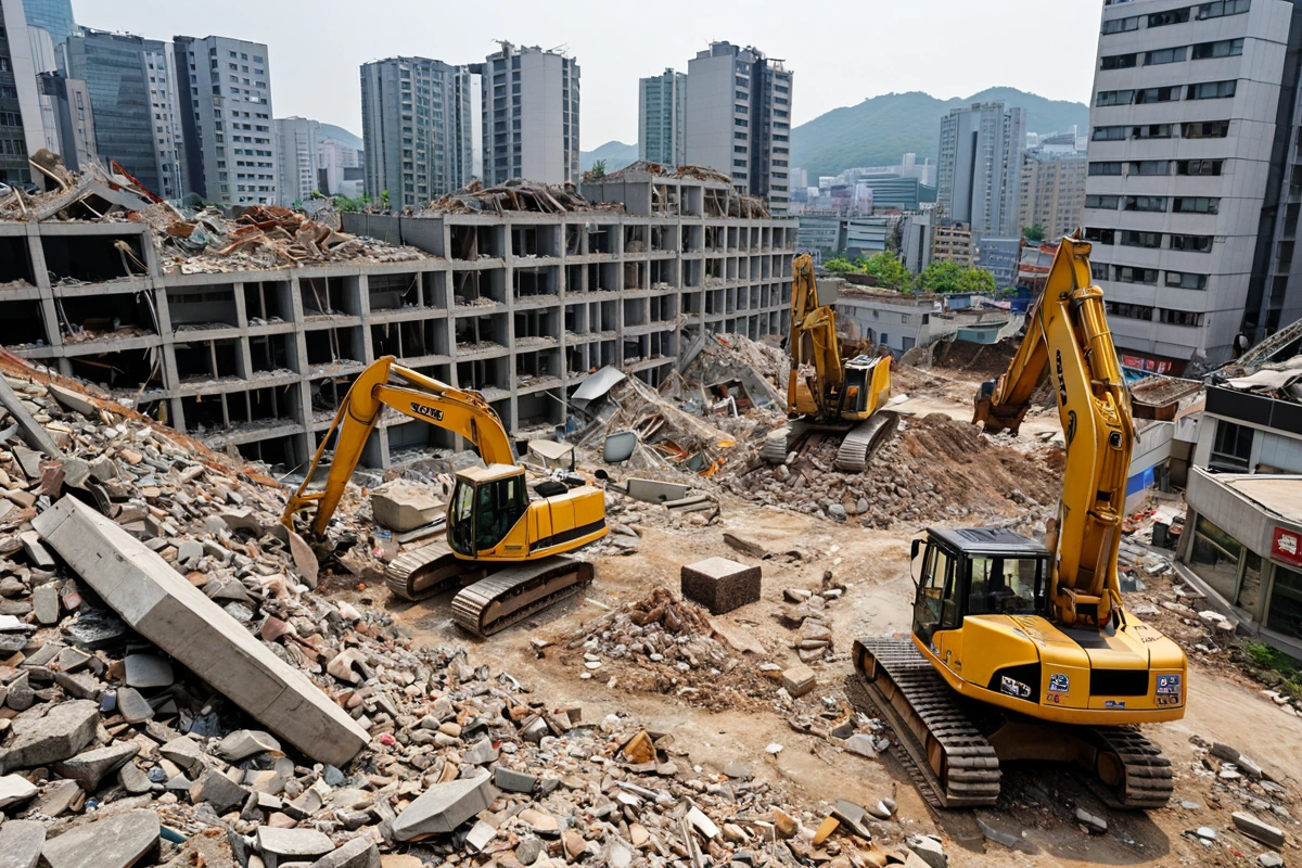 서울 중계동 도시 개발 구역의 철거 현장. 새로 조성된 공원과 철거된 건물의 잔해가 함께 보이는 도시 풍경. 철거 작업 중인 장비와 철거 재료가 정리된 모습.