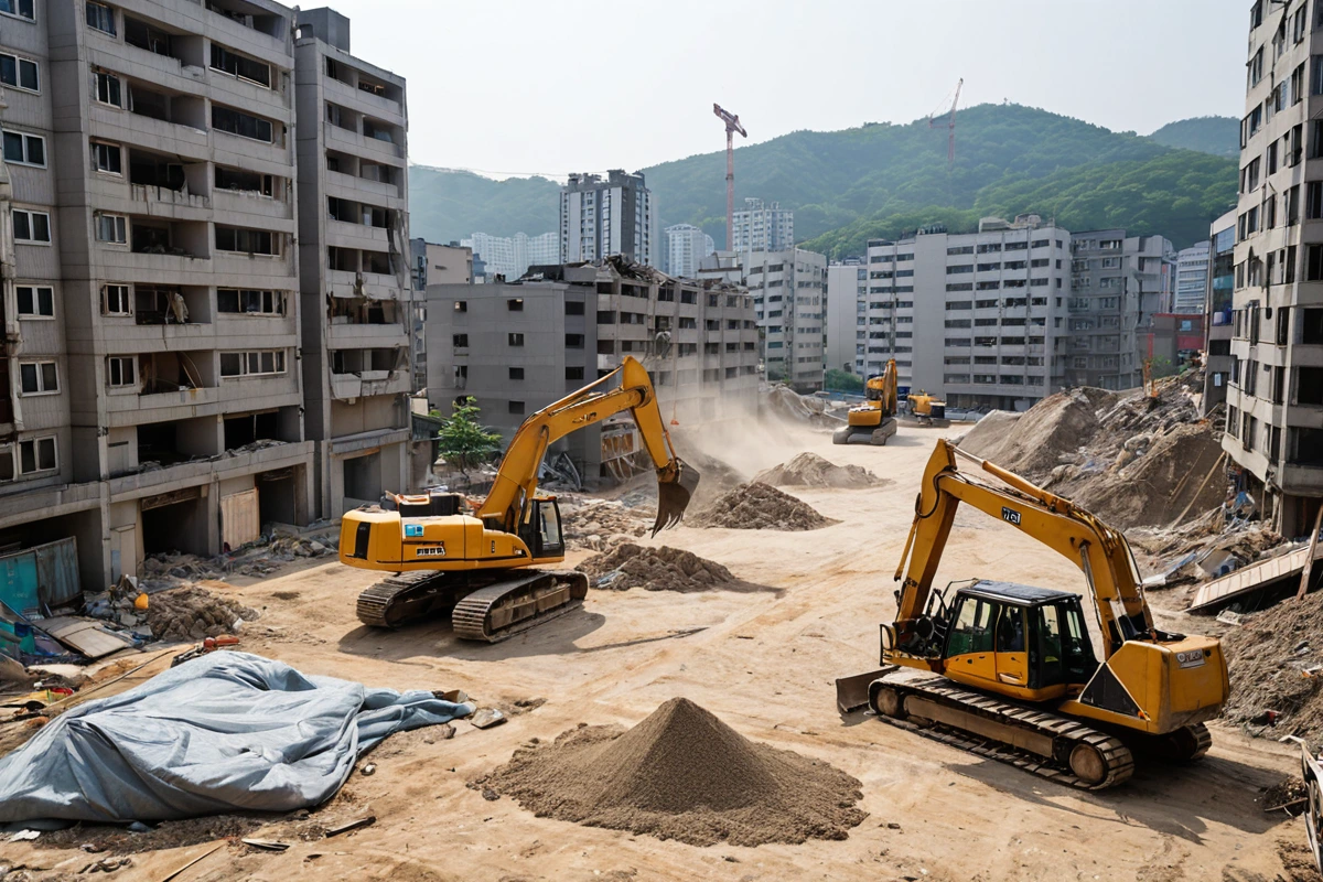 서울 중곡 주거 지역 인근에서 철거 작업 중인 현장. 주변 건물과의 거리가 가까운 곳에서 소음과 먼지 관리를 위한 철거 작업이 진행되고 있으며, 철거 현장 주변에 먼지 차단용 천막