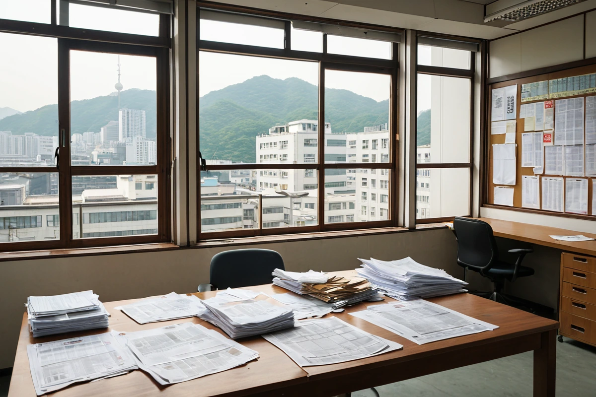 서울 중구 봉천동의 철거 허가 서류가 놓인 테이블 위, 도시계획법 관련 서류와 철거 허가 스티커가 부착된 문서가 정리된 모습, 철거 전 허가 절차 확인 장면