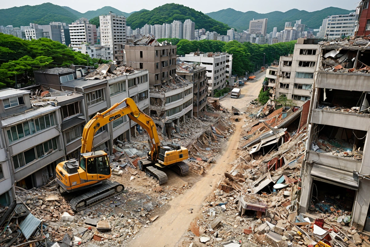 서울 중구 사천동 도심 지역의 주택 철거 현장에서, 주변 건물과의 좁은 거리와 도로 폭을 고려한 철거 장비가 정확히 위치한 모습. 철거 중인 건물의 구조와 주변 환경의 상세한 조화