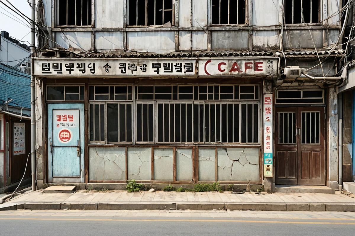 서울 중구 청구동의 구식 피시방 외관, 철거를 앞둔 오래된 간판이 달린 건물, 벽면에 흠집이 나고 낡은 창문, 주변에 철거 작업을 위한 안전 울타리가 설치된 장면