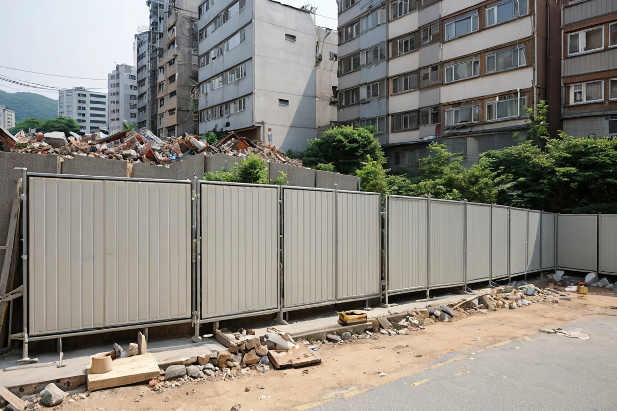 서울 중구 청구동의 주거지 인근에서 철거 작업 중인 작업장. 주변 건물과의 거리가 가까운 곳에서 소음 방지를 위한 방음막이 설치되어 있고, 주민들이 걱정하지 않도록 철거 시간 조정
