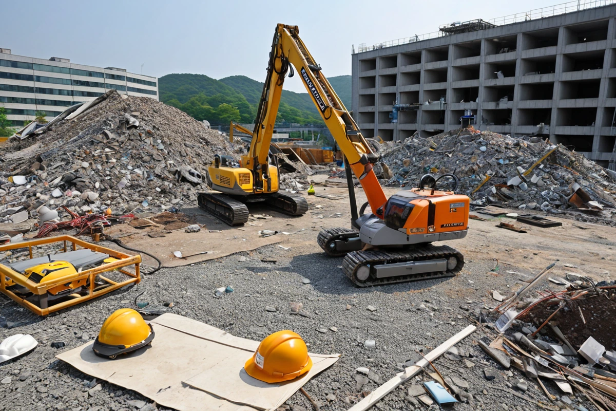 서울 중구 청구동의 철거 현장에서 진행 중인 3단계 점검 과정, 건물 구조 분석을 위한 레이저 측정기와 안전 점검을 위한 안전 장비가 배치된 현장, 철거 후 처리를 위한 폐기물 분
