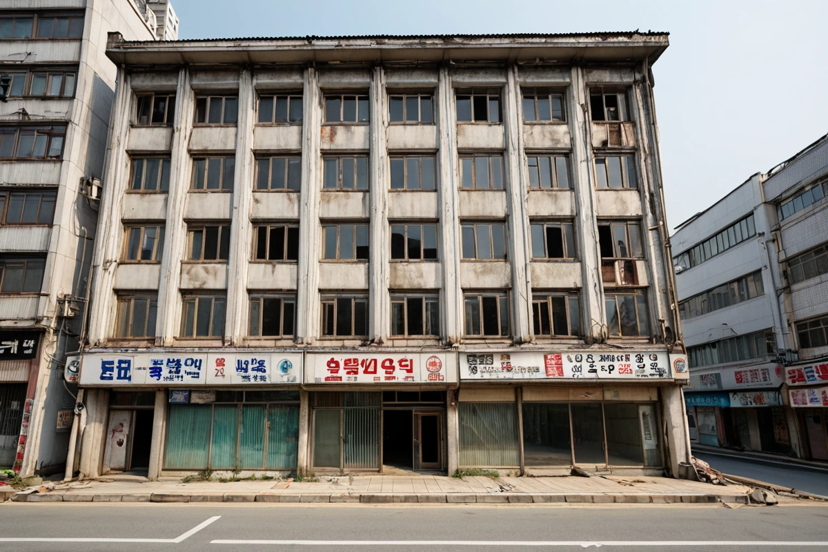 서울 중구 필동 상가의 외관과 내부 구조가 보이는 철거 전 모습, 상업용 건물의 높이와 내부 시설이 드러나는 자연스러운 촬영 각도