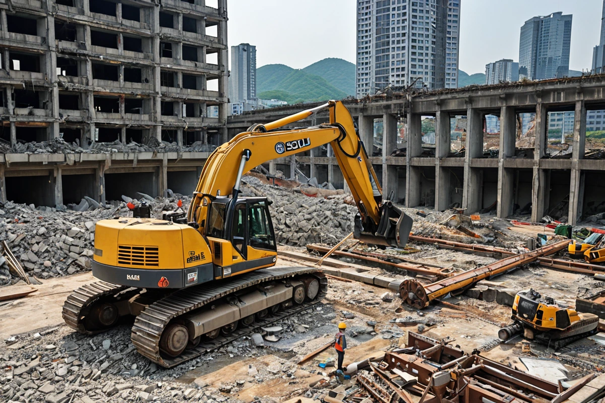 서울 중구 필동에서 진행되는 철거 작업 현장에서 철거 업체의 전문 장비가 정확한 비용 산정을 위해 세밀하게 점검하는 모습. 철거 장비와 건물 구조물의 세부적인 부분이 자연스럽게 드