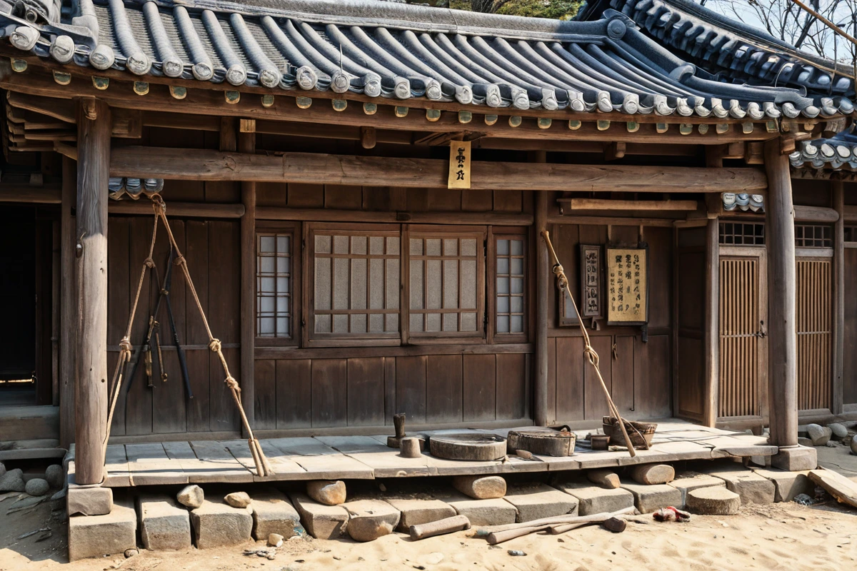 서울 중구 필동 지역의 전통 주택 외부에서 철거 전문 업체의 자격증과 기술력 표지판이 걸린 작업 현장. 철거 준비 중인 구조물과 정리된 도구들이 배경에 자연스럽게 배치됨.
