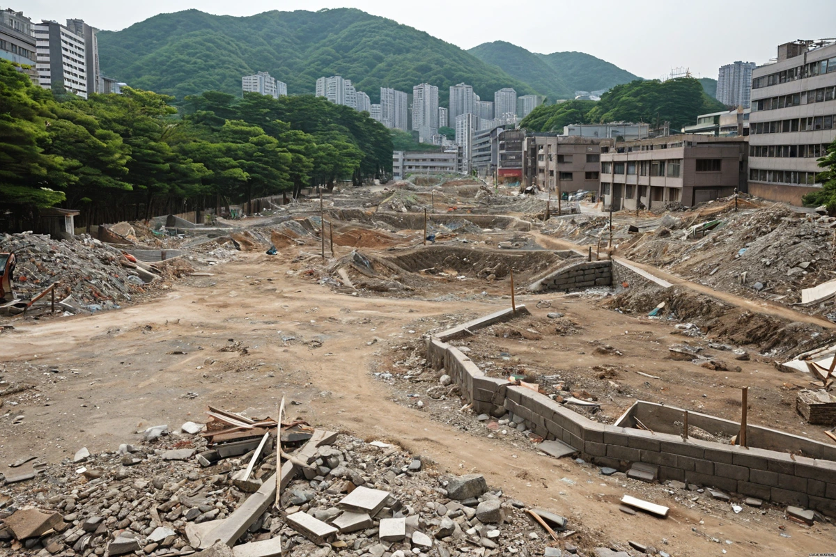 서울 중구 필동 지역 주택 철거 후 원상복구 작업 중 최소한의 복구 범위를 고려한 현장, 철거된 구조물 잔해와 정돈된 복구 공간이 조화를 이룬 실물 사진처럼 보이는 장면