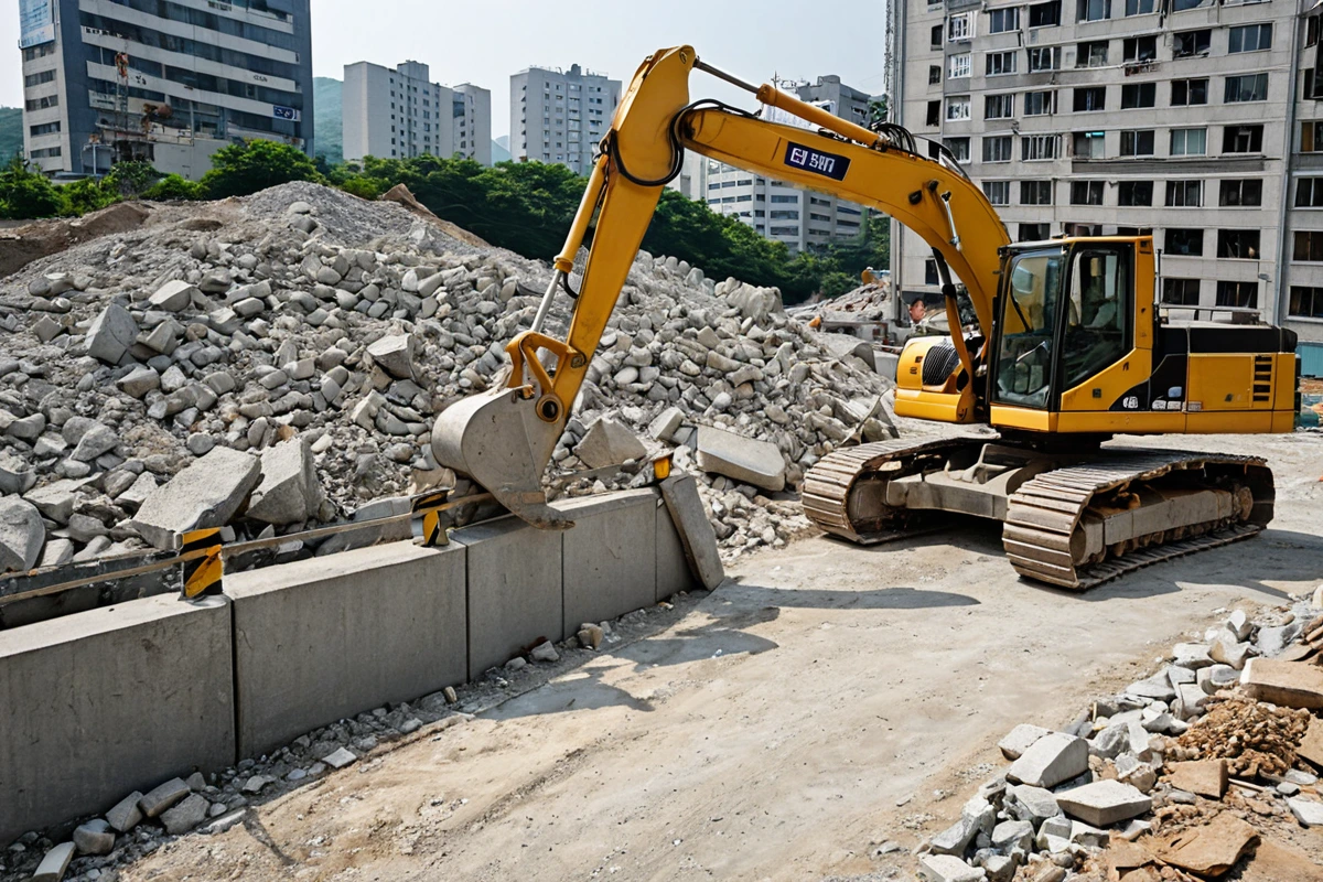 서울 중구 황학동 내부 철거 작업 중 주변 건물과의 거리를 확인하는 장면. 철거 현장 주변의 도로 차단 표시와 안전 경계선이 정확히 배치된 현실적인 철거 작업 현장.
