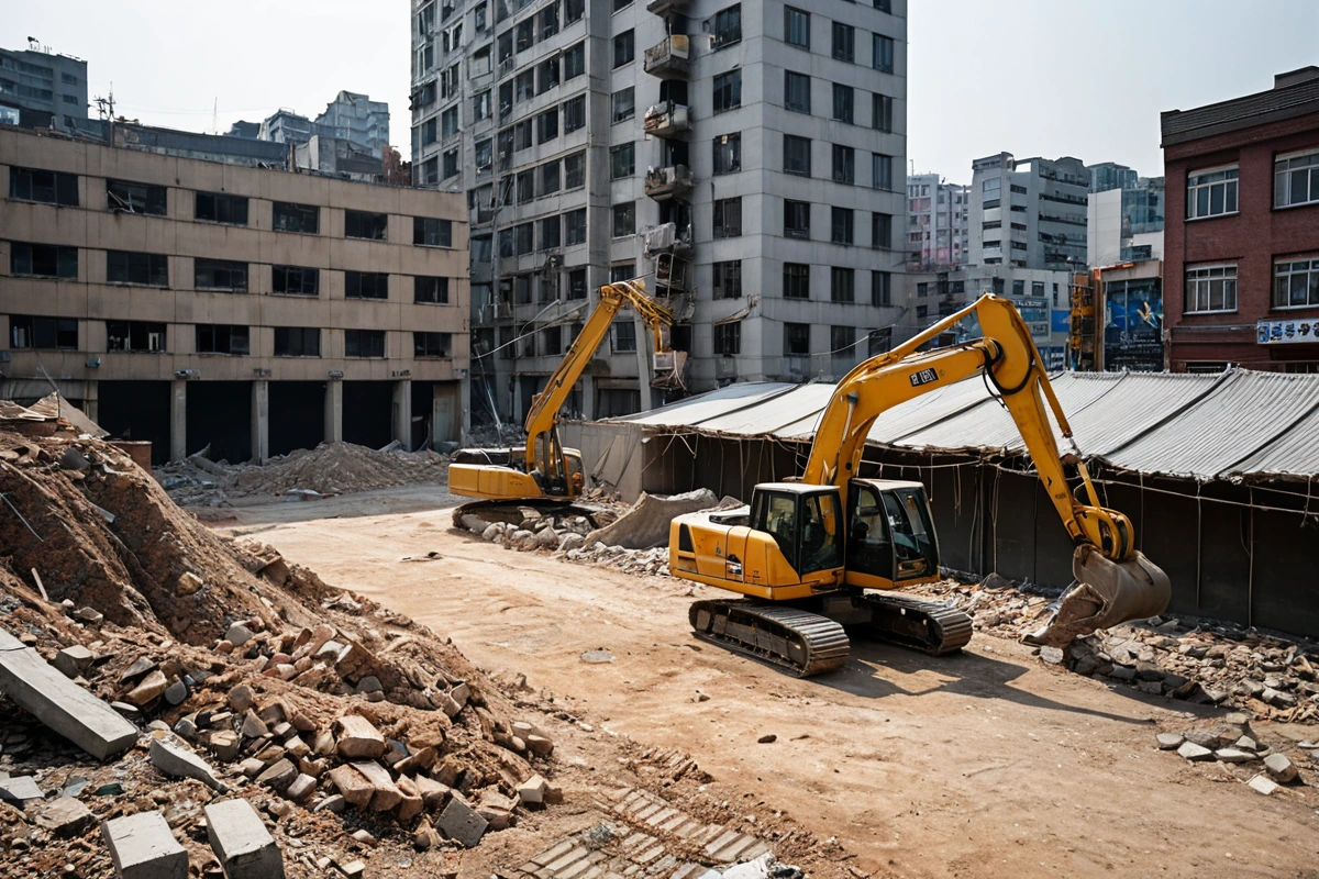 서울 중구 황학동 도심 지역의 오래된 상가 건물 철거 현장. 주변 건물과 가까운 거리에서 철거 작업 중인 중장비가 보이고, 주변 환경 보호를 위한 철망과 방진막이 설치된 모습.