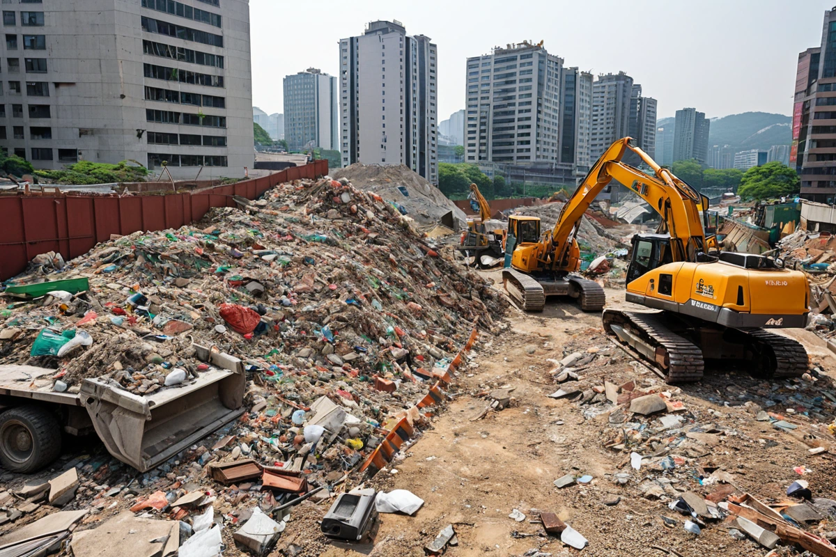 서울 중구 황학동 도심 지역의 철거 현장, 주변 건물과 조화를 이룬 철거 작업 중인 장비, 소음과 진동을 최소화하기 위해 설치된 방음막과 철거 폐기물이 청결하게 정리된 경로