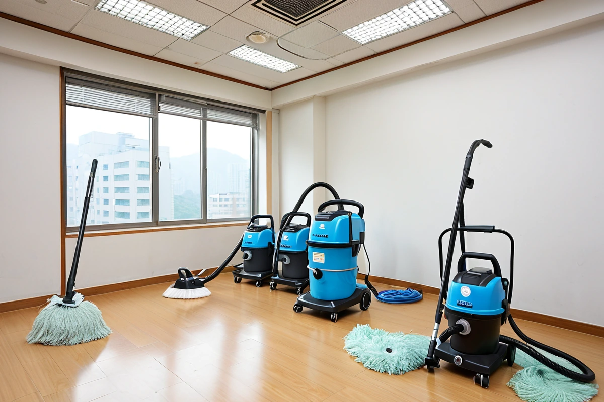 서울 중구 황학동 사무실 철거 후 원상복구 청소 현장에서 청소 장비가 정리된 공간, 청소용 청소기와 걸레가 청결하게 정리된 코너, 미세먼지 제거를 위한 공기 청정기와 청소 도구가