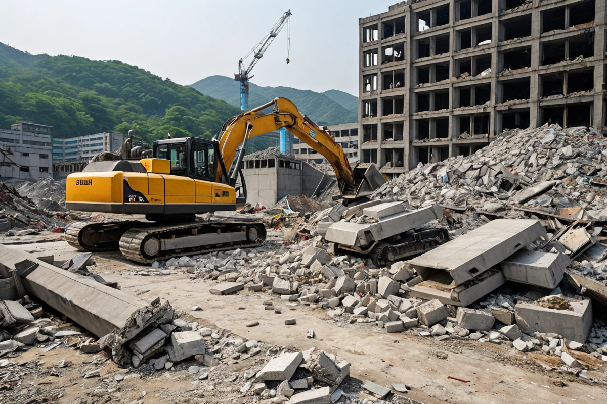서울 중구 황학동의 내부 철거 현장에서 철거 대상물의 크기와 재질을 확인하는 장면. 철거 중인 건축 자재와 폐기물 처리 장비가 배경에 정리되어 있는 실물 감각의 사진.