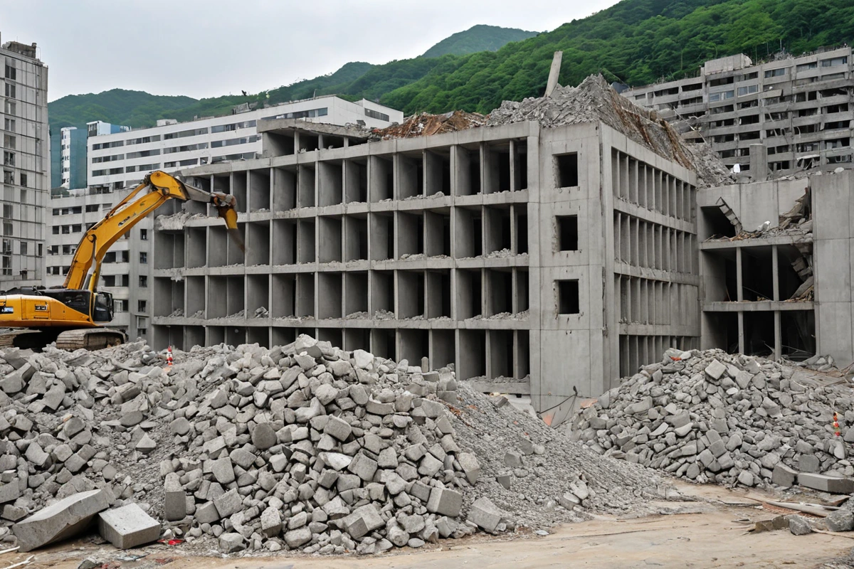 서울 중구 황학동의 상가 건물 외벽에 철근 콘크리트 구조가 드러난 채로 철거 작업 중인 현장, 건물의 구조물 재질을 확인하기 위한 정밀 검사 장비가 배치된 모습