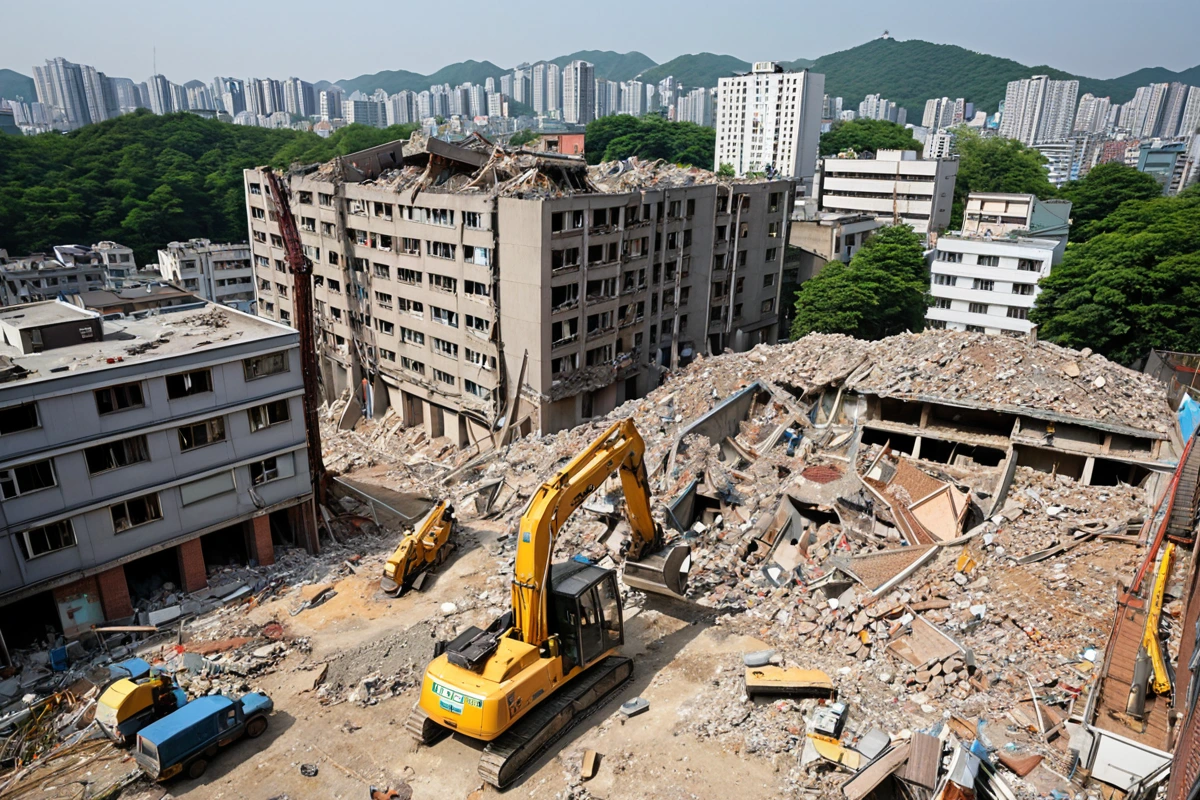서울 중구 황학동의 주거지와 상업지가 혼재된 도시 풍경에서 학원 건물의 철거 현장. 주변 건물과 조화를 이룬 철거 작업 중 소음과 진동을 최소화하는 장비가 정확히 설치된 모습. 철