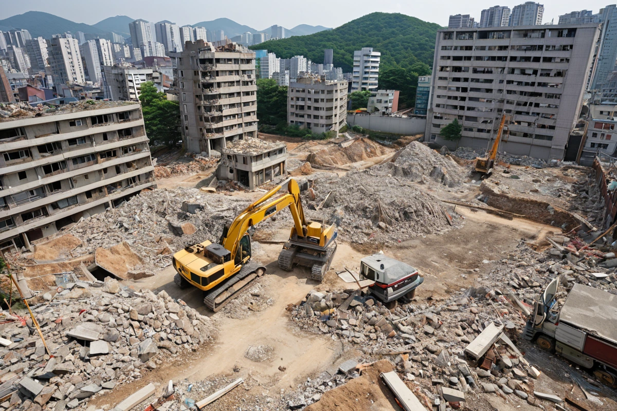 서울 중구 황학동의 주택 철거 현장에서 부분 철거 구역과 전체 철거 구역을 구분하는 표시선이 보이는 장면. 부분 철거 구역은 철거가 완료된 상태로, 전체 철거 구역은 아직 건물이 