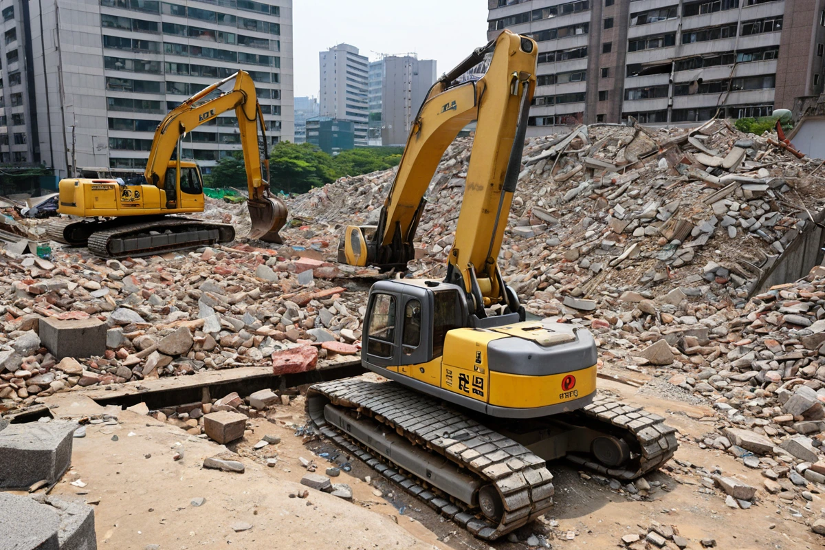 서울 중구 황학동 주택 철거 현장에서 전문가가 현장 조사를 하는 장면. 철거 예정 주택의 구조와 주변 환경을 확인하는 측정 장비가 놓여 있고, 철거 과정에서 주의가 필요한 구조물이