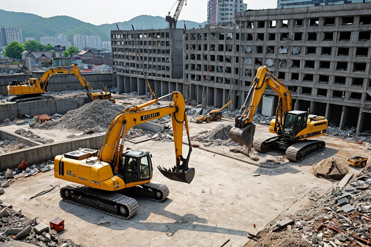 서울 중구 황학동 철거 업체의 전문 장비와 철거 과정을 보여주는 현장, 철거 경험을 강조하는 표시물 없이 철저한 작업 준비 상태의 장비와 정리된 작업 공간