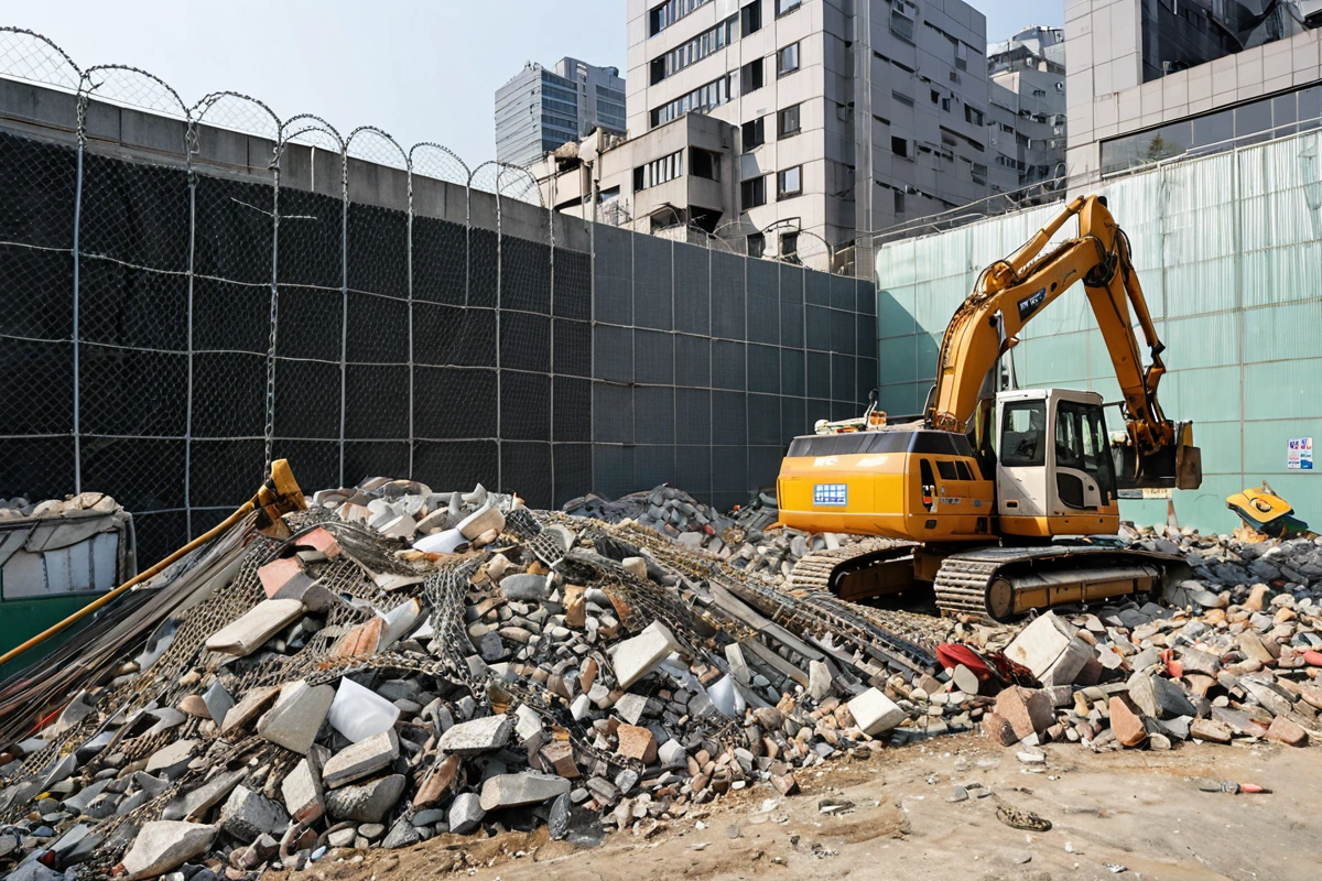 서울 중구 회현동 상업 지역의 한 식당 철거 현장, 주변 상가와 조화를 이룬 철거 작업 중인 중장비와 철거된 건물의 잔해가 정리된 모습, 소음과 먼지 차단을 위한 철망과 비닐 덮개