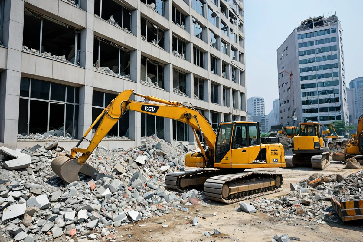 서울 중구 회현동의 현대식 사무실 건물 외부, 철거 작업 중인 중장비와 철거된 구조물의 잔해가 놓여 있는 모습. 건물의 유리창이 깨진 상태로 철거 작업이 진행 중인 현장 분위기.