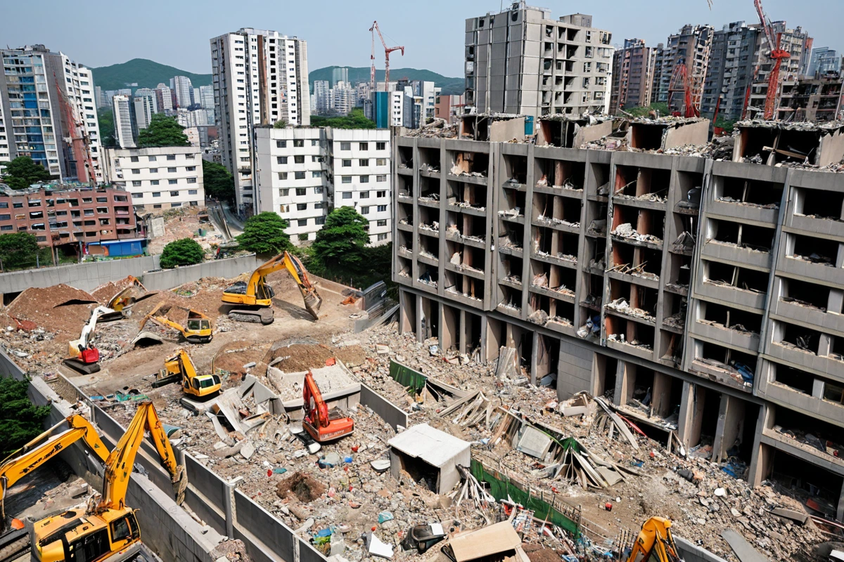 서울 중랑구 신내동의 주거지역에서 철거 작업이 진행 중인 장면. 주변 건물과의 거리가 가까운 주거지역의 모습으로, 철거 중인 건물 주변에 소음 방지 장치가 설치된 모습이 자연스럽게