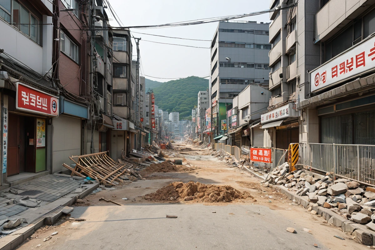 서울 중랑구 신내동의 주거지와 상업지가 혼재된 거리에서 철거 작업 중인 안전 울타리와 주변 건물의 보호를 위한 방진막이 설치된 모습, 주변 상가의 간판과 보행자 통행로가 보이는 자