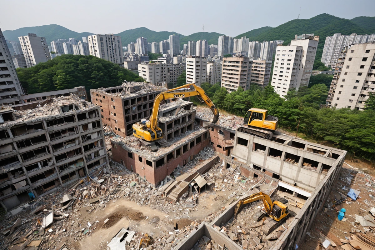 서울 중랑구 신내동의 주택 철거 현장에서 구조 분석을 위해 철거 전 주택의 구조를 점검하는 장면. 철거 전 주택의 구조를 분석하는 데 사용되는 측정 도구와 구조적 결함을 확인하는 