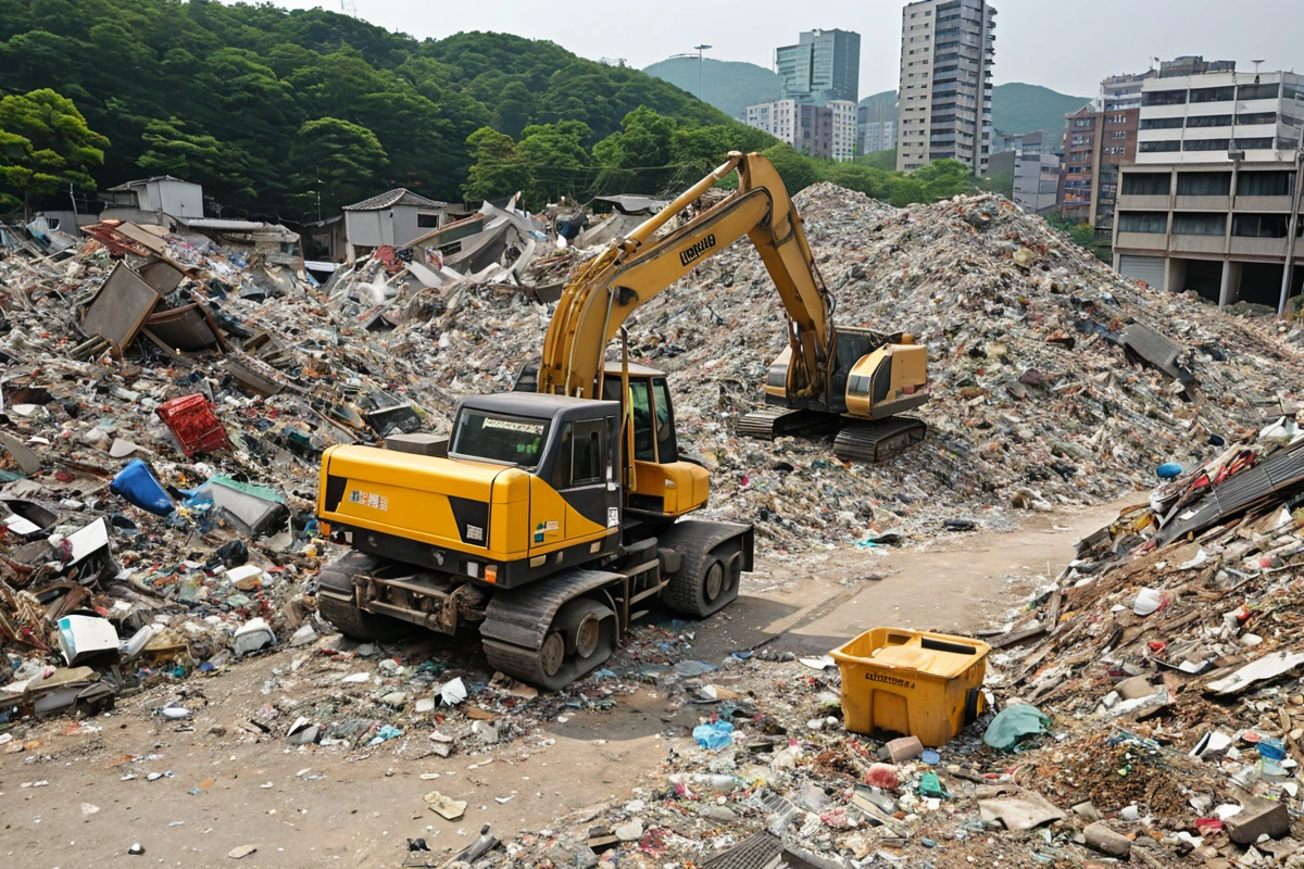 서울 중랑구 신내동 주택 철거 현장에서 철거된 구조물과 폐기물이 정리된 모습. 폐기물 처리 차량이 현장에서 대기 중인 자연스러운 장면.