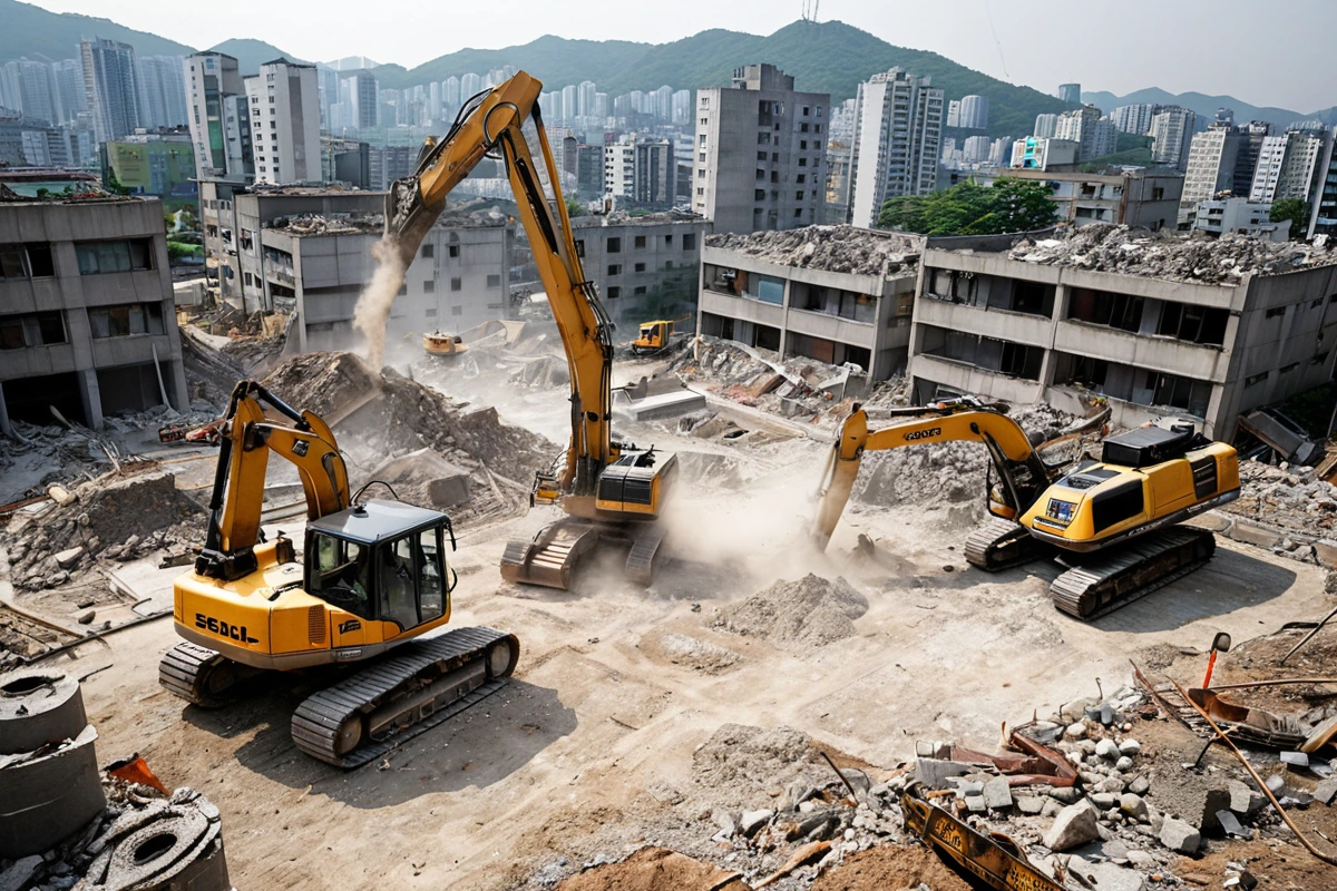 서울 중랑구 신내동 철거 현장에서 전문 업체의 철거 장비가 안전 기준에 따라 정확히 배치된 모습, 주변 환경을 고려한 철거 작업 중인 철거 작업장의 정밀한 세부 묘사