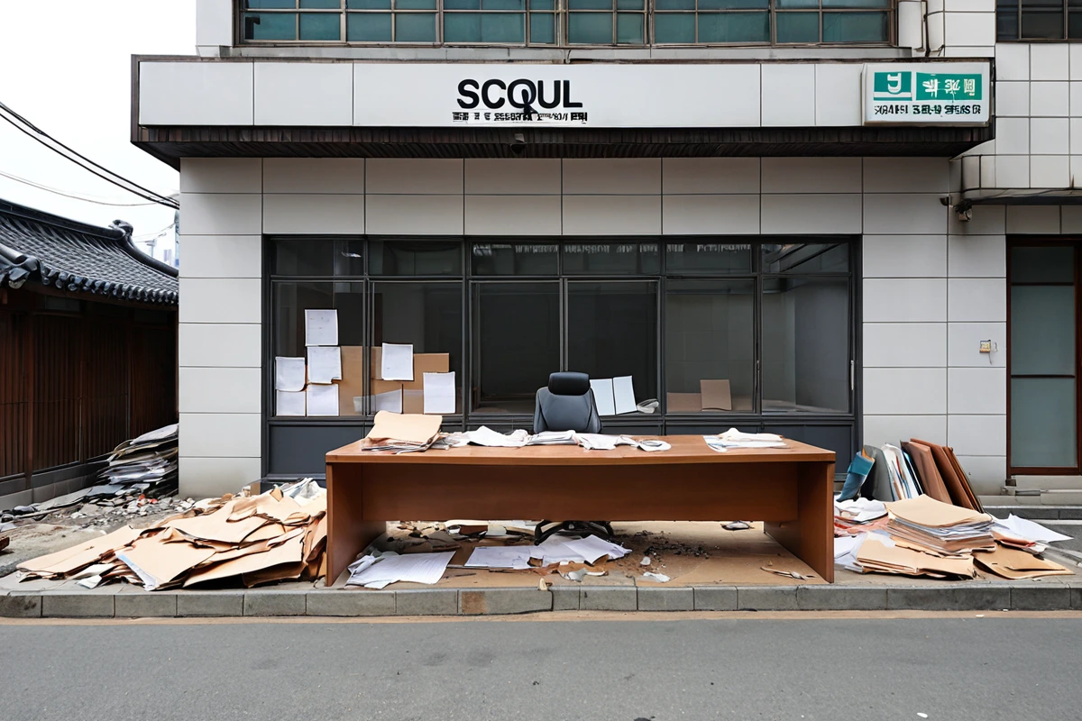 서울 중랑구 중화동의 철거 업체 사무실 외부, 깔끔한 간판 없이 건물 외관만 보이는 정돈된 공간, 철거 계획서와 비용 확인서가 정리된 책상 위의 자연스러운 풍경