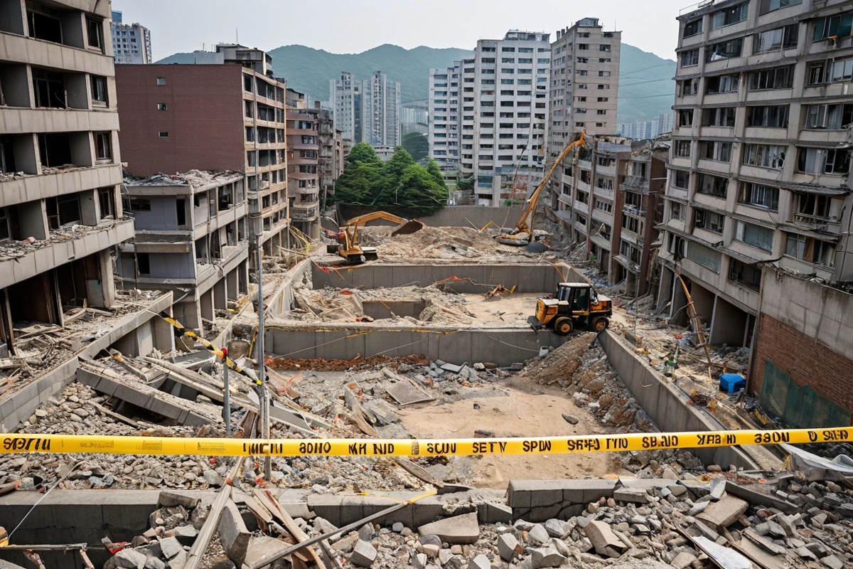 서울 중랑구 중화동 주거 밀집 지역의 바닥 철거 현장, 주변 건물과의 거리를 고려한 안전 테이프로 경계가 설정된 공간, 철거 과정에서 구조적 안정성을 확인하기 위한 지지대가 설치된