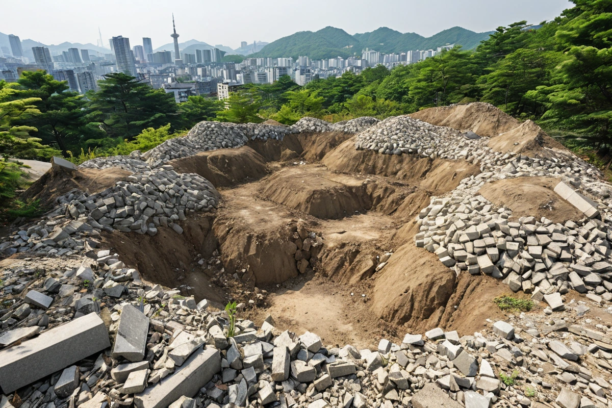 서울 중앙동의 건물 철거 현장에서 원상복구 작업 중인 땅의 모습, 철거 후 남은 잔해와 복구를 위한 흙과 식물이 조화롭게 배치된 자연스러운 풍경