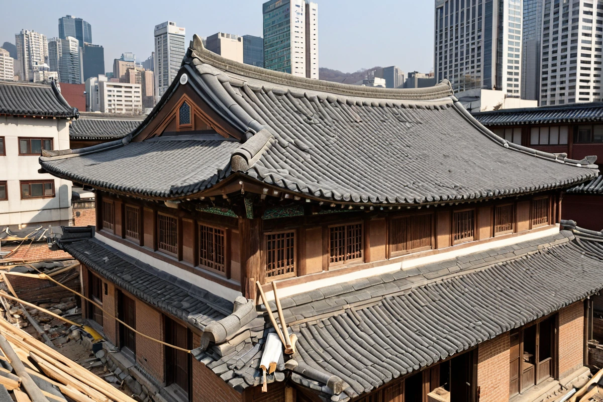 서울 중앙동의 역사적 건축물 근처에서 철거 작업을 준비하는 현장. 구조물의 안정성을 점검하기 위해 안전 장비가 설치된 채로 철거 전 상태의 건물 외관이 보입니다.