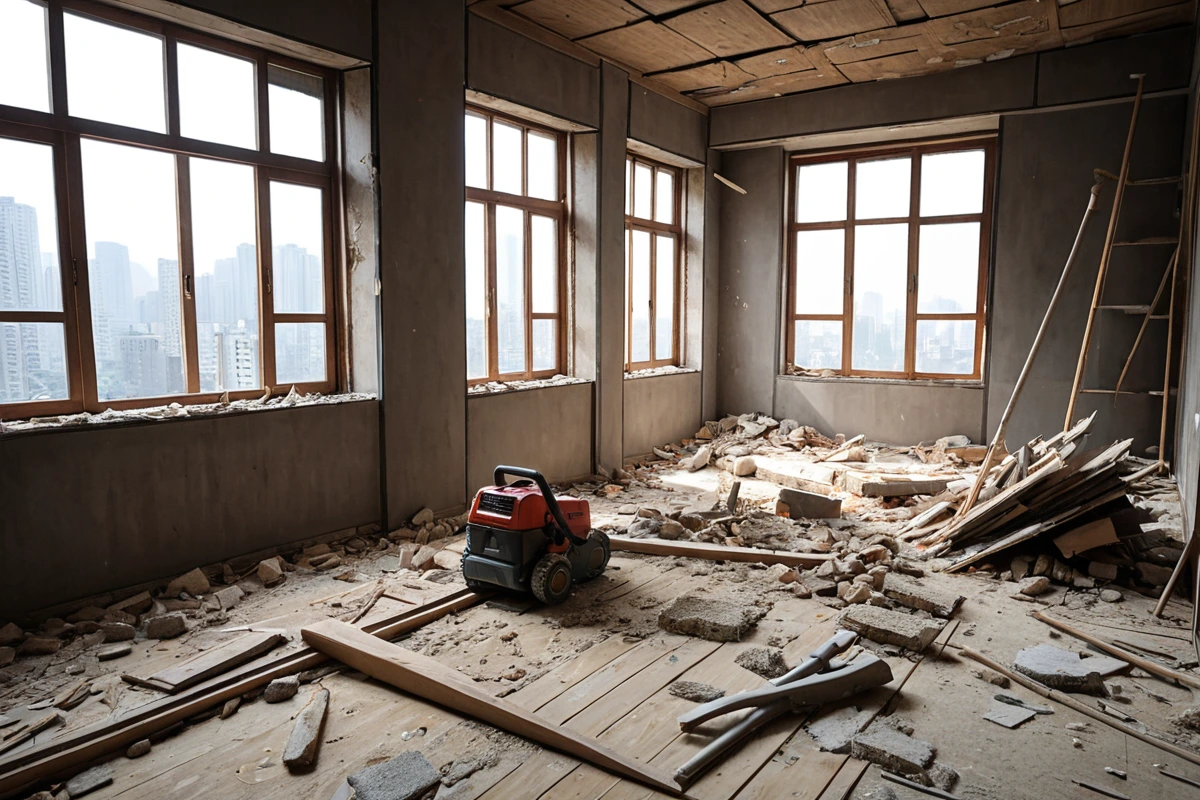 서울 중앙동의 주택 내부에서 칸막이 철거 작업 중인 모습. 칸막이의 재질과 두께에 따라 다른 비용이 산정되는 것을 보여주는 구조물과 철거 도구가 자연스럽게 배치된 장면.
