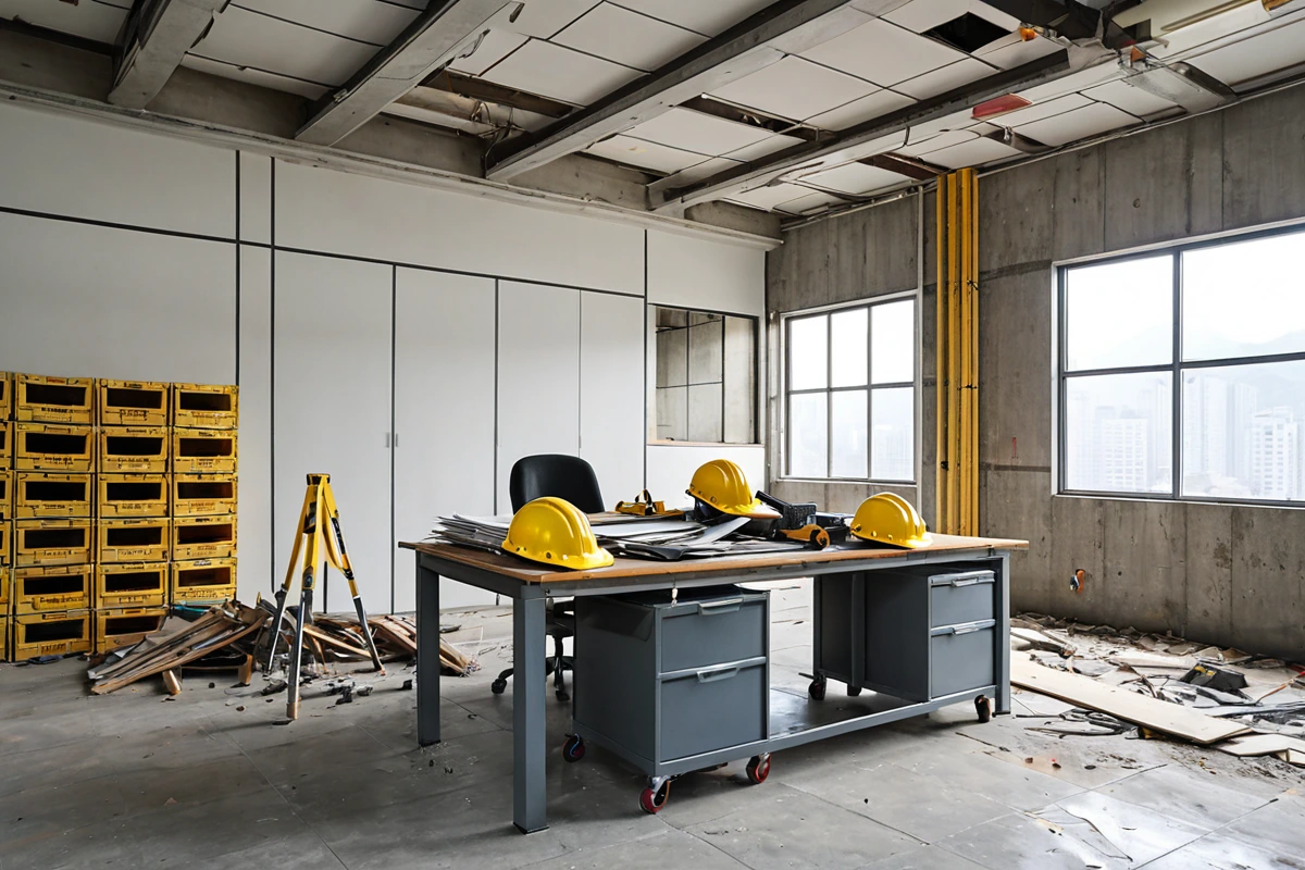 서울 지역의 전문 철거 업체 사무실 내부. 철저한 3단계 점검을 위한 도구와 문서가 정리된 테이블 위에 상생철거(서울)의 로고가 없는 철거 계획서가 놓여 있습니다.