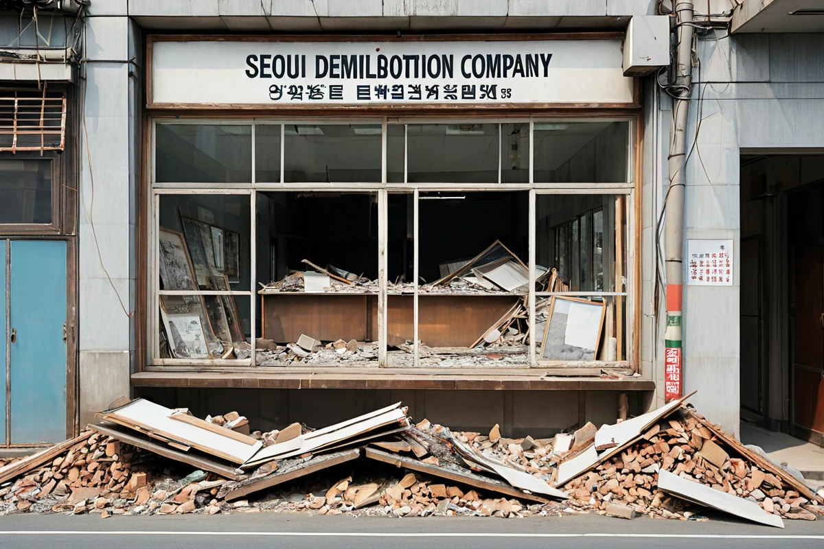 서울 지역 철거 업체의 사무실 외부, 철거 작업 현장 사진이 전시된 간판과 철거 사례 문서가 놓인 책상, 철거 작업의 성공 사례가 명시된 표지판이 보입니다.