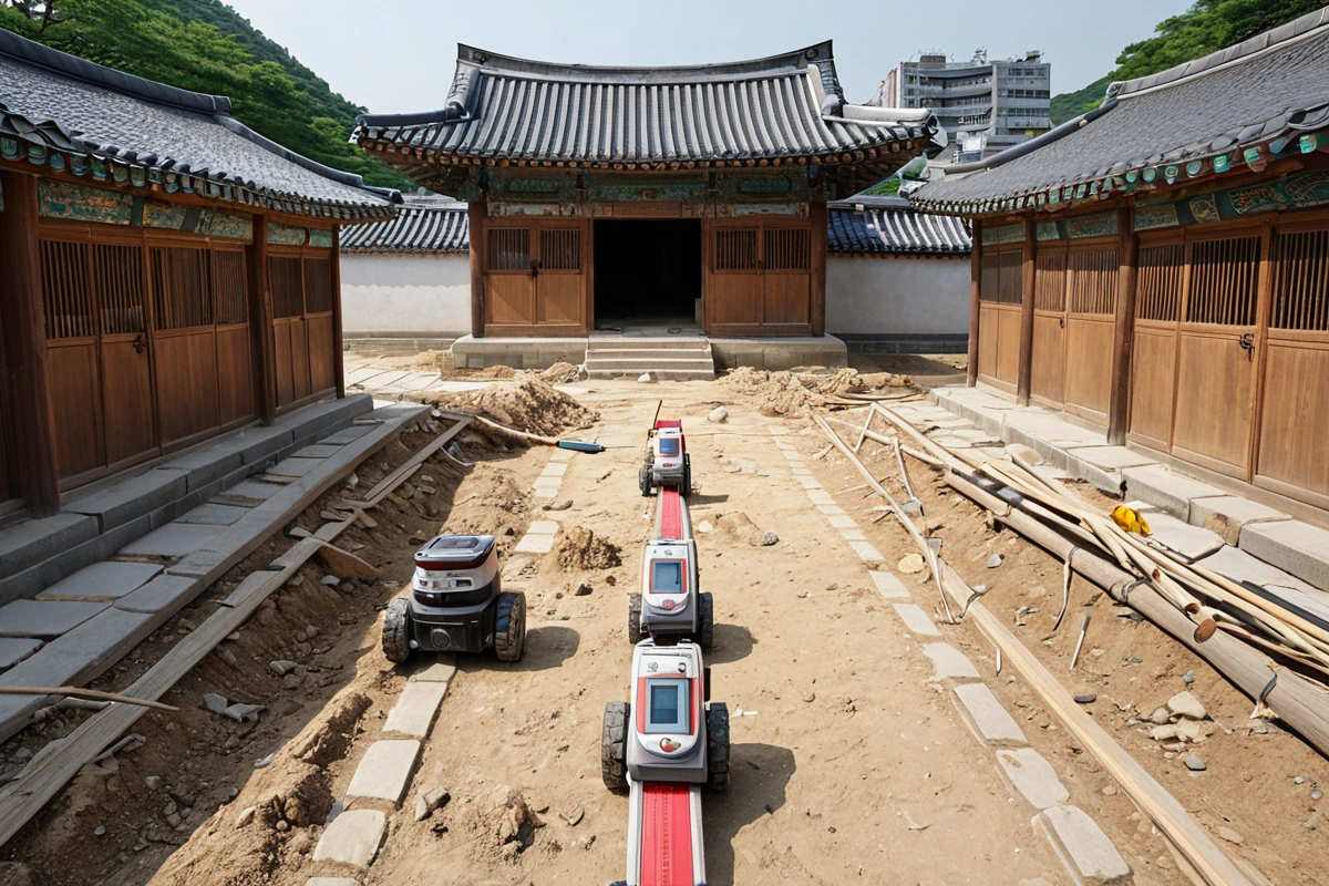 서울 천왕동의 전통 한옥과 현대 건물이 혼재한 도시 풍경, 건물 철거 현장 주변에 철거 계획서와 측정 도구가 놓인 흙길 위에서 건물 구조 분석을 위한 레이저 스캐너가 작동 중인 모