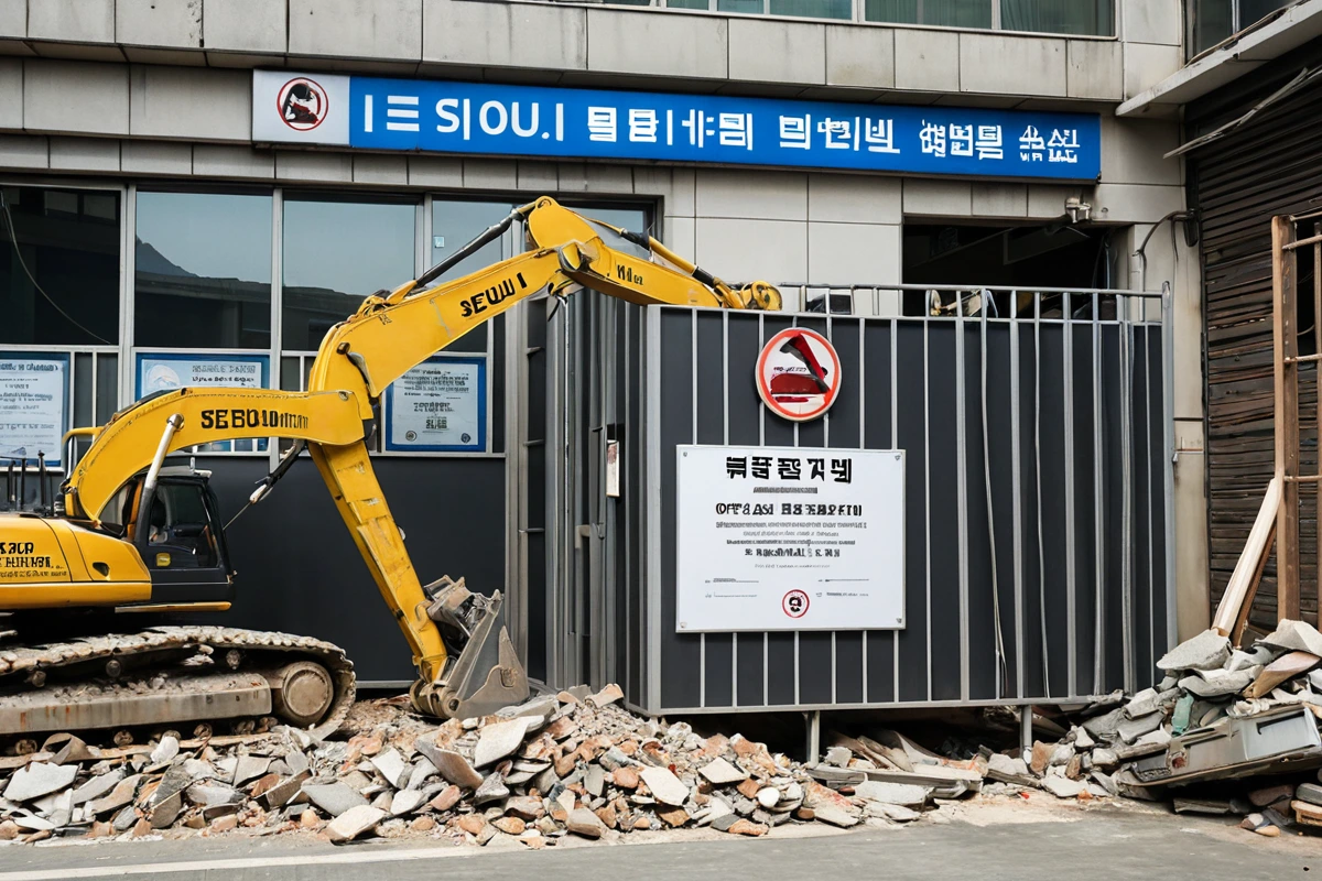 서울 철거 안전 인증 표지판이 걸린 철거 업체 사무실 외부. 인증서가 정기적으로 갱신되었음을 나타내는 표지판이 철거 업체의 간판과 함께 걸려 있는 모습, 철거 작업을 위한 장비가 