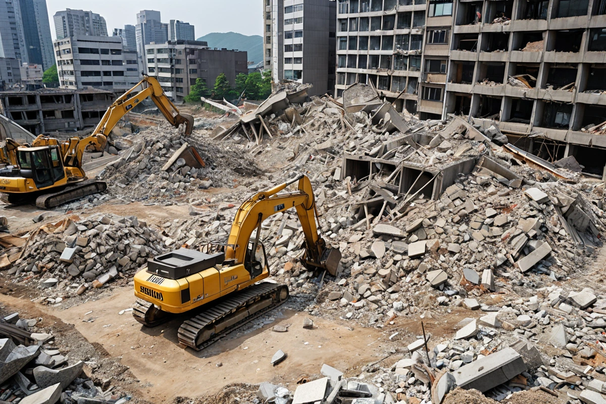 서울 충정로의 철거 현장에서 철거 기계가 철거 작업을 진행하고 있는 모습. 철거된 건물 잔해와 철거 장비가 정리된 공간이 보인다. 철거 면적과 작업 과정을 보여주는 사실적인 장면.