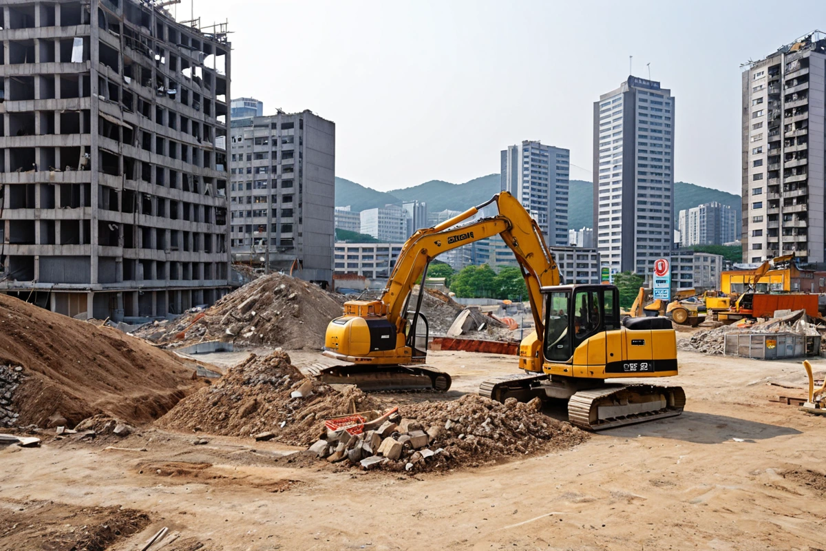 서울특별시 봉천동 도시 개발 현장, 건물 철거 중인 장면. 철거 장비가 정비된 상태로 주변에 개발 계획 표지판이 보이는 도시 풍경.
