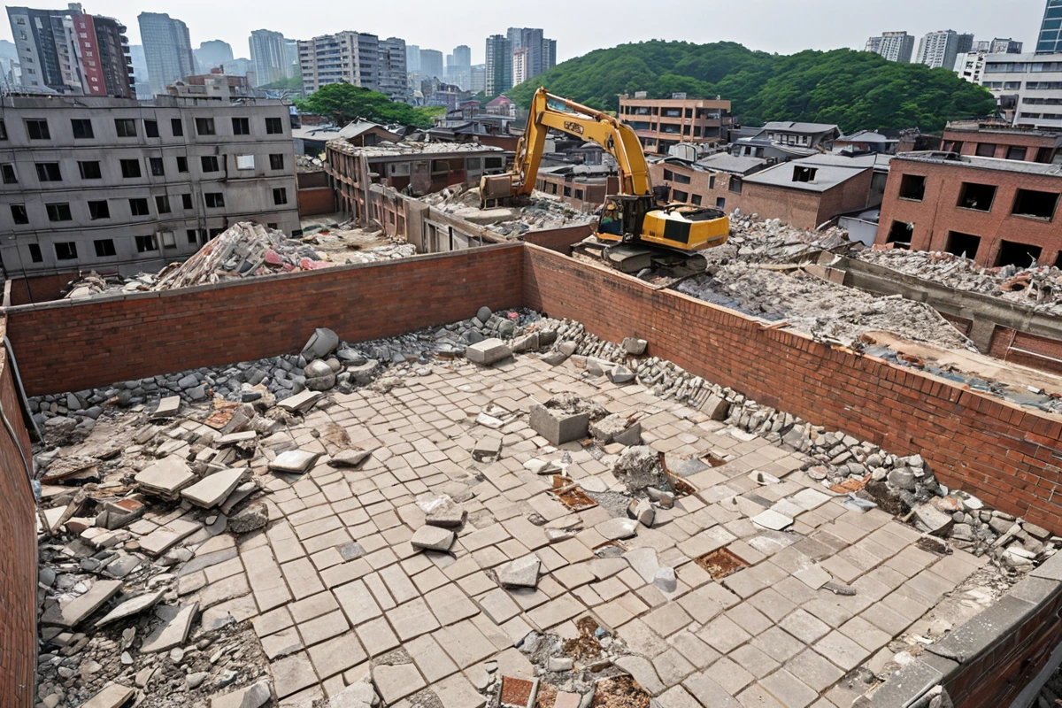 서울특별시 봉천동의 도시 개발 현장, 다양한 구조와 재질의 주택 철거 현장에서 타일 철거 작업이 진행되고 있는 모습. 건물의 구조와 재질이 다양하게 드러나는 철거 현장의 세부적인 