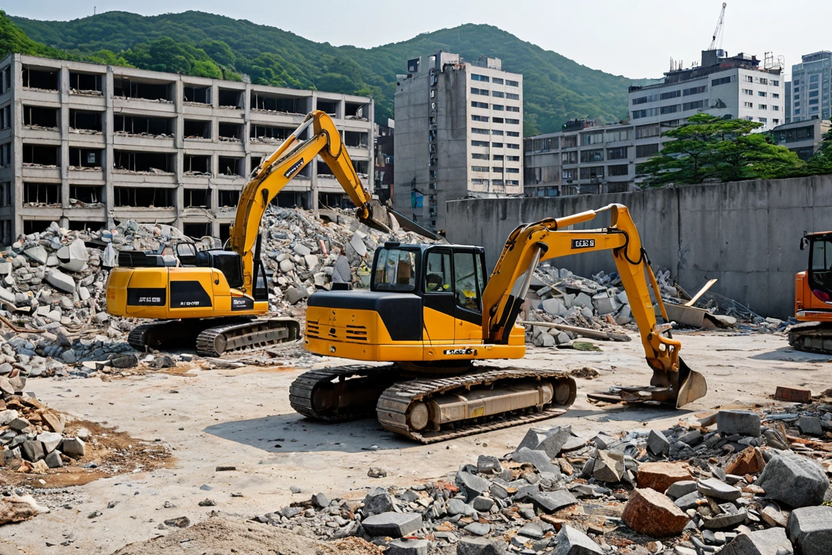 서울특별시 봉천동의 철거 현장에서 철저한 현장 점검을 진행하는 상생철거(서울)의 철거 장비와 점검 도구가 정리된 모습, 정확한 비용 산정을 위한 철저한 현장 조사 장면
