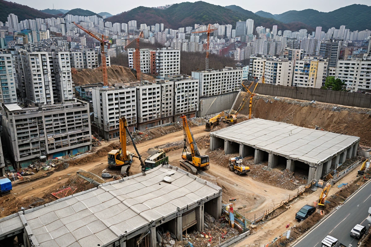 서울특별시 봉천동 주택 지역의 복잡한 도시 계획을 보여주는 장면, 주거 밀집 지역의 건물과 소음 차단을 위한 임시 방벽이 설치된 현장, 철거 작업을 위한 장비가 준비된 공간