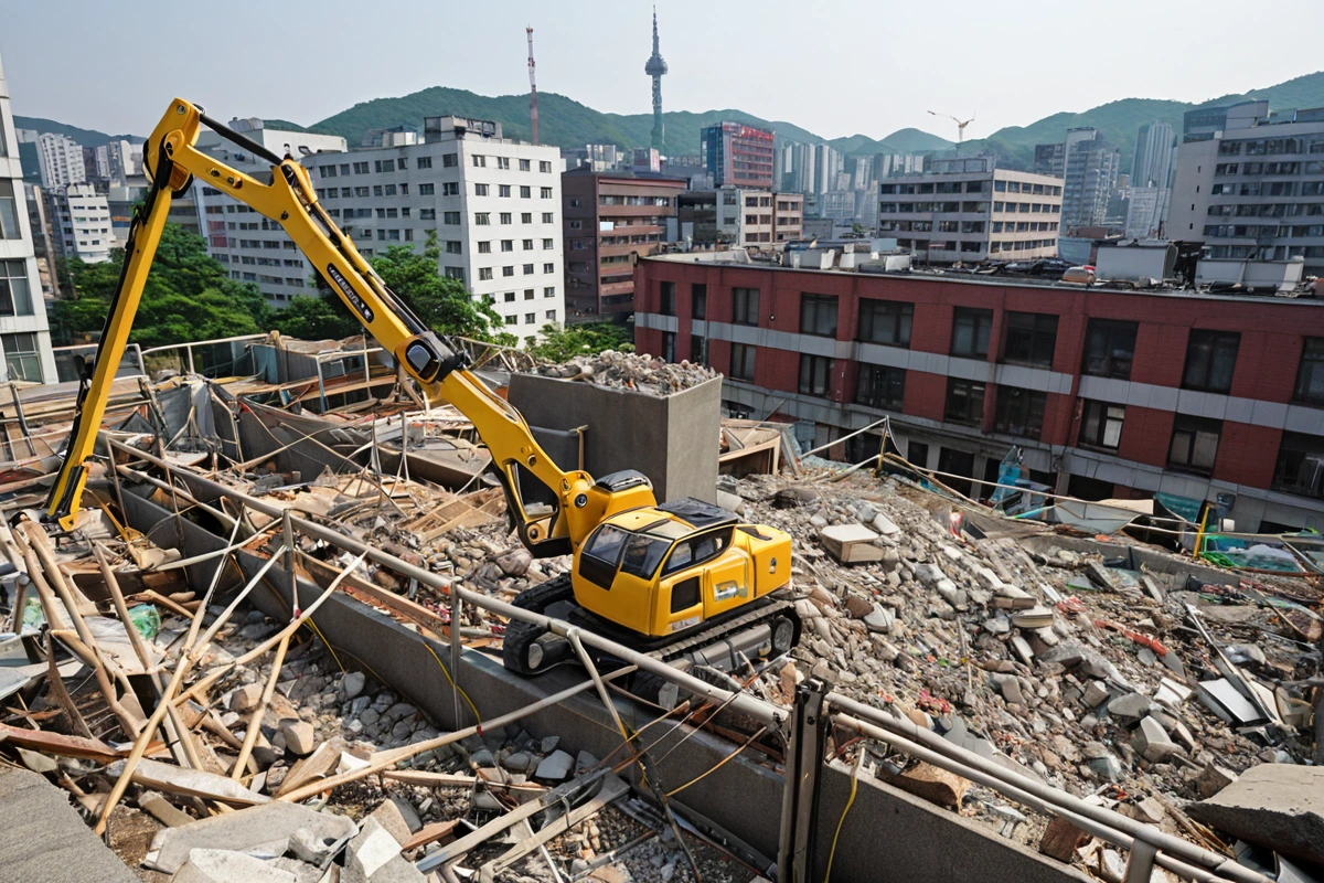 서울특별시 봉천동 주택 철거 전 구조 확인을 위한 정밀 검사 장면. 구조적 결함을 확인하기 위해 설치된 측정 도구와 주변 건물이 배경으로 보이는 사실적인 사진. 폐기물 처리와 구조