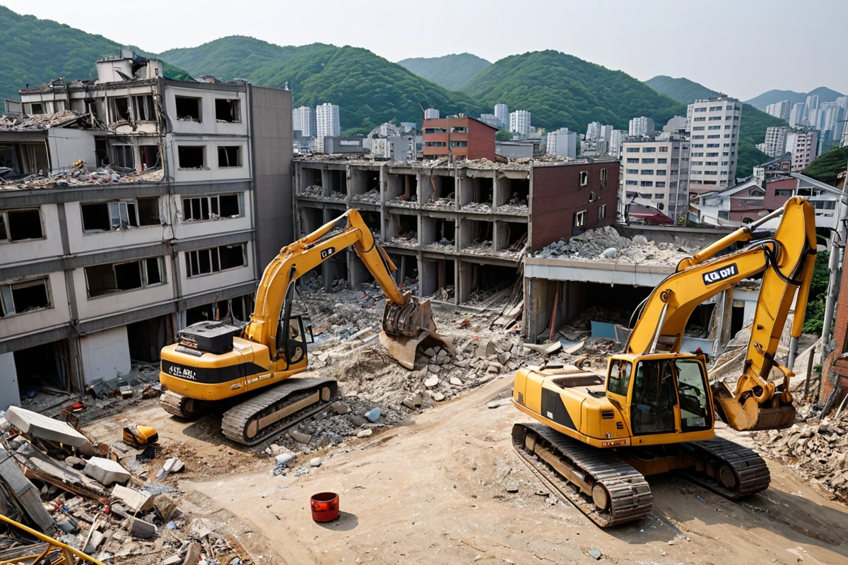 서울특별시 봉천동 주택 철거 현장에서 철거 중인 건물의 외부와 주변 도로, 철거 작업 중인 장비가 정리된 모습. 건물의 일부가 철거된 상태로, 철거 작업 중인 장비가 주변을 정리하