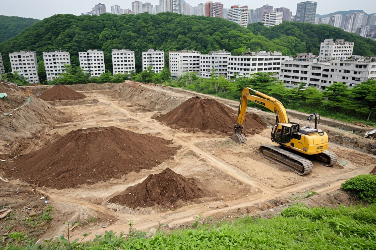 서울특별시 봉천동 주택 철거 현장에서 토양 정화 작업 중인 장비와 흙 재배치된 토지, 식재된 나무와 풀이 들어간 원상복구 현장의 자연스러운 모습