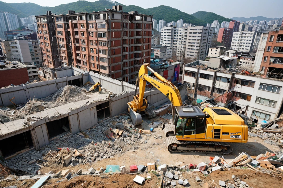 서울특별시 봉천동 주택 철거 현장의 주변 환경으로, 주거 밀집도가 높은 지역에서 안전 관리를 위한 철거 작업 현장의 전경. 구조물 안전 점검을 위한 안전 울타리와 철거 장비가 정리
