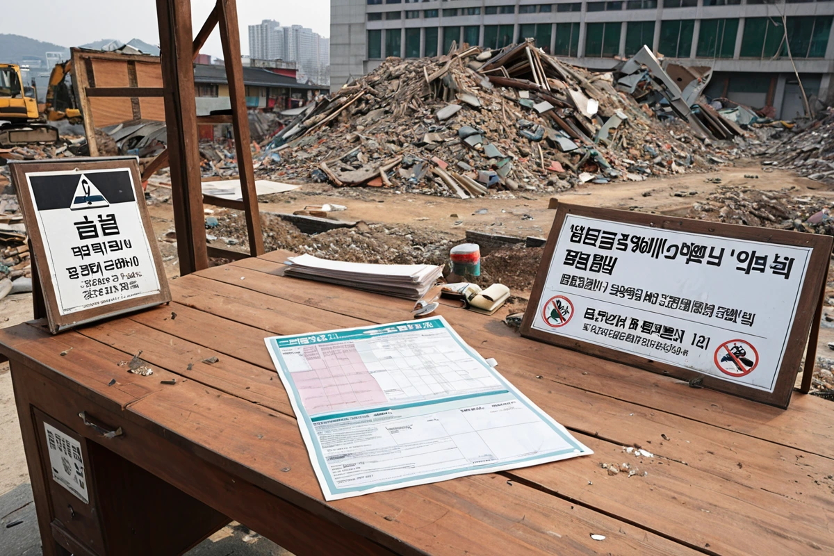 서울특별시 봉천동 지역의 철거 현장에서 법규 확인을 위한 표지판과 철거 절차 관련 서류가 정리된 테이블. 철거 전 단계에서 법규 준수를 확인하는 현장 분위기.